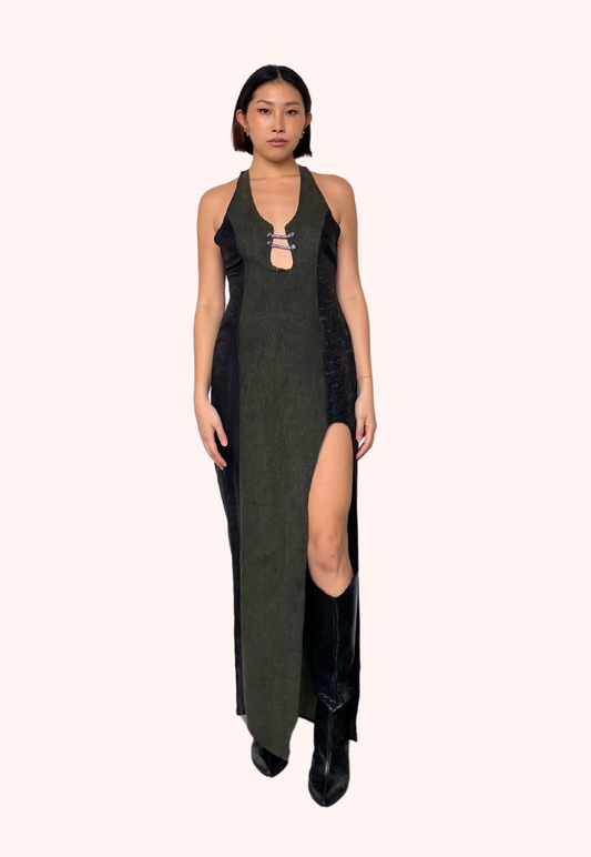 Ru Patch Denim Brocade Maxi Dress