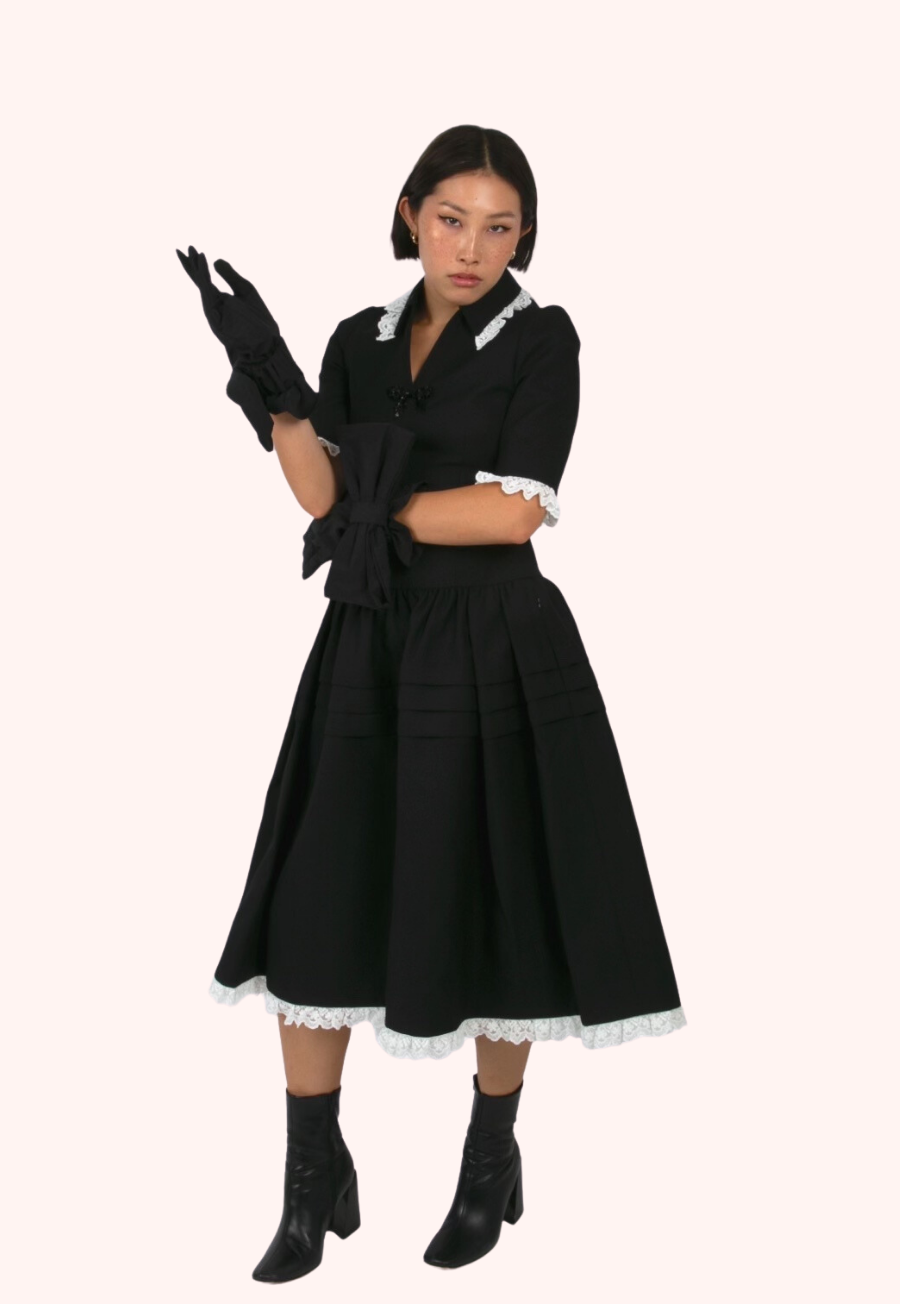 Black Ruffled Tuck Midi Dress