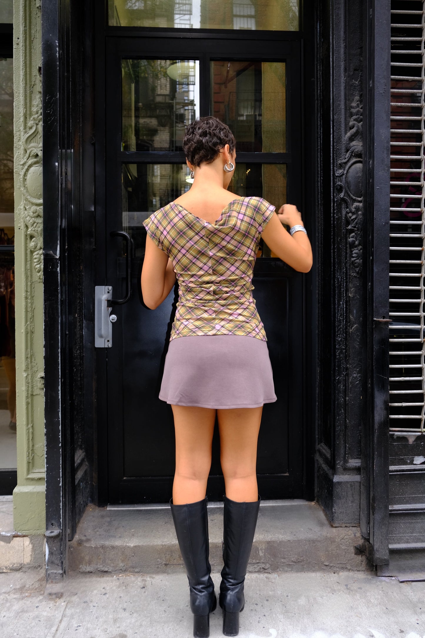 Plaid Mesh Star Cutout T-shirt