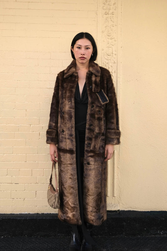Faux Fur Tab Toggle Coat in Brown