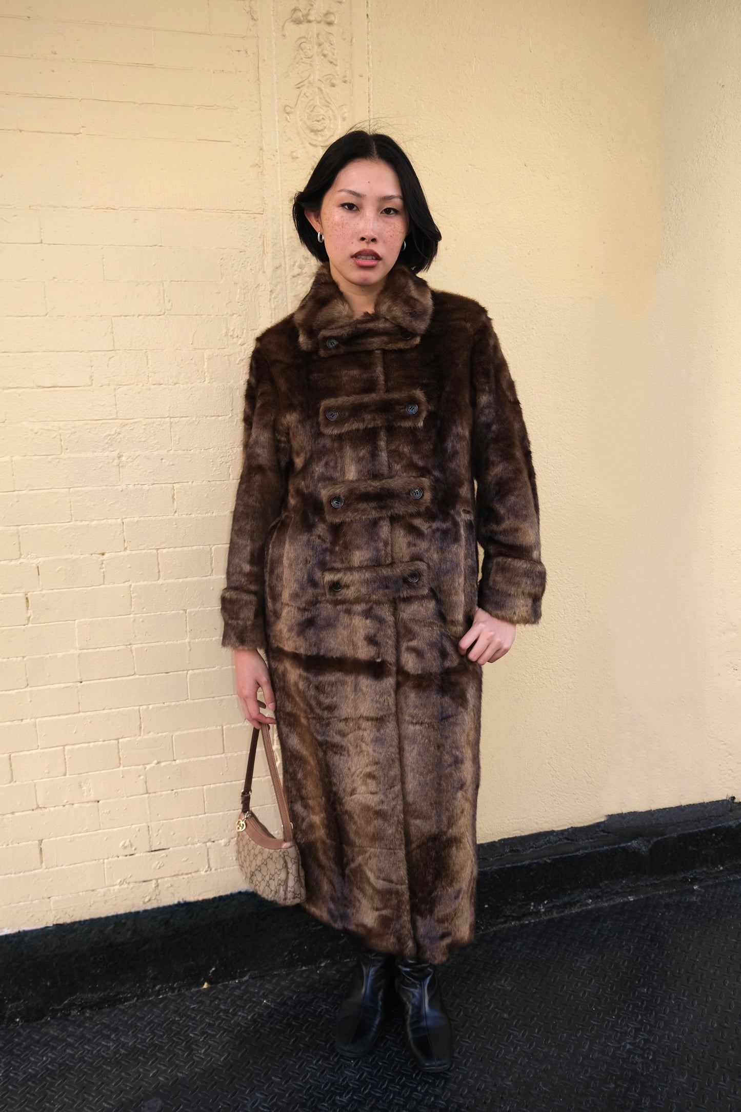 Faux Fur Tab Toggle Coat in Brown