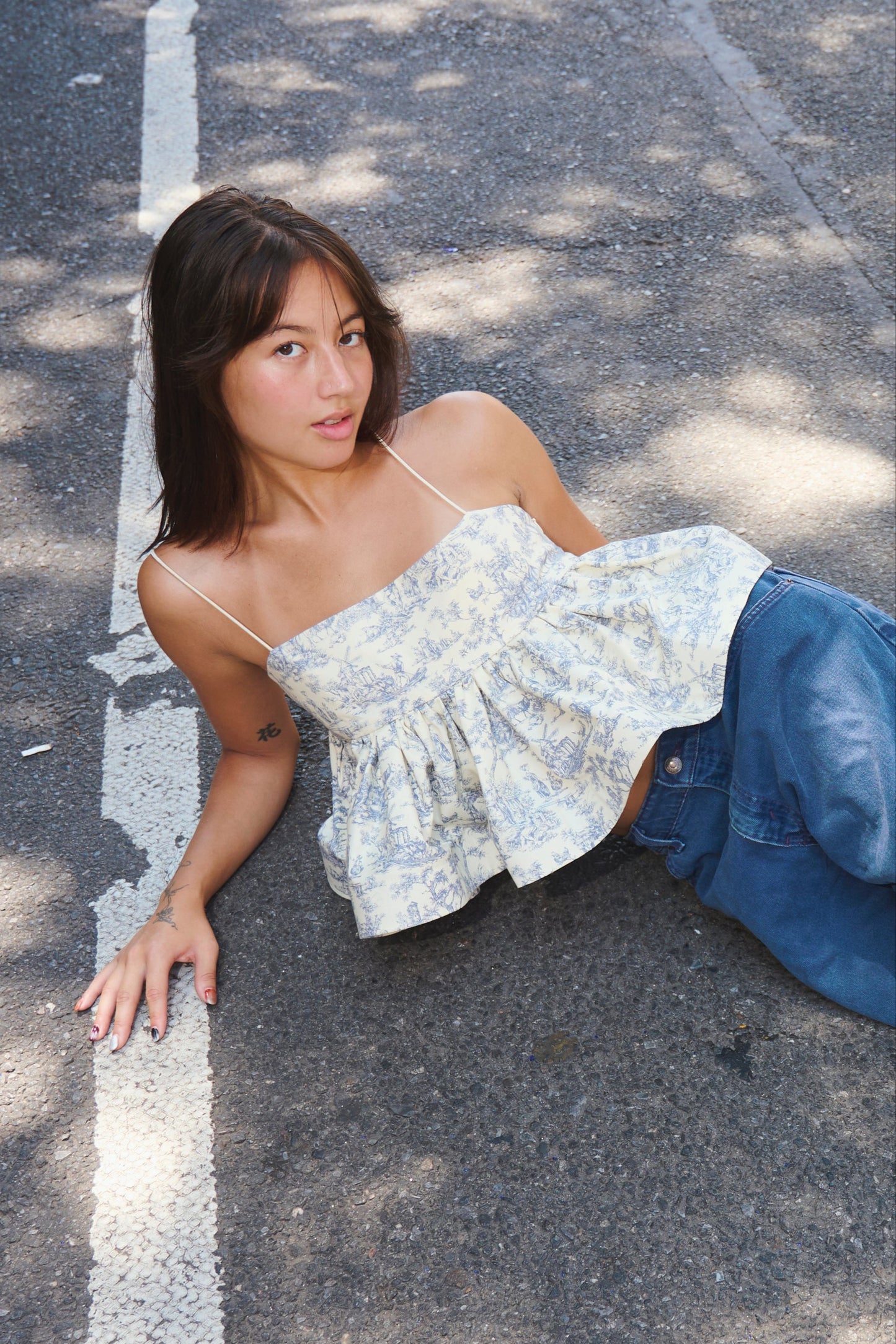 Blue Toile Puff Top