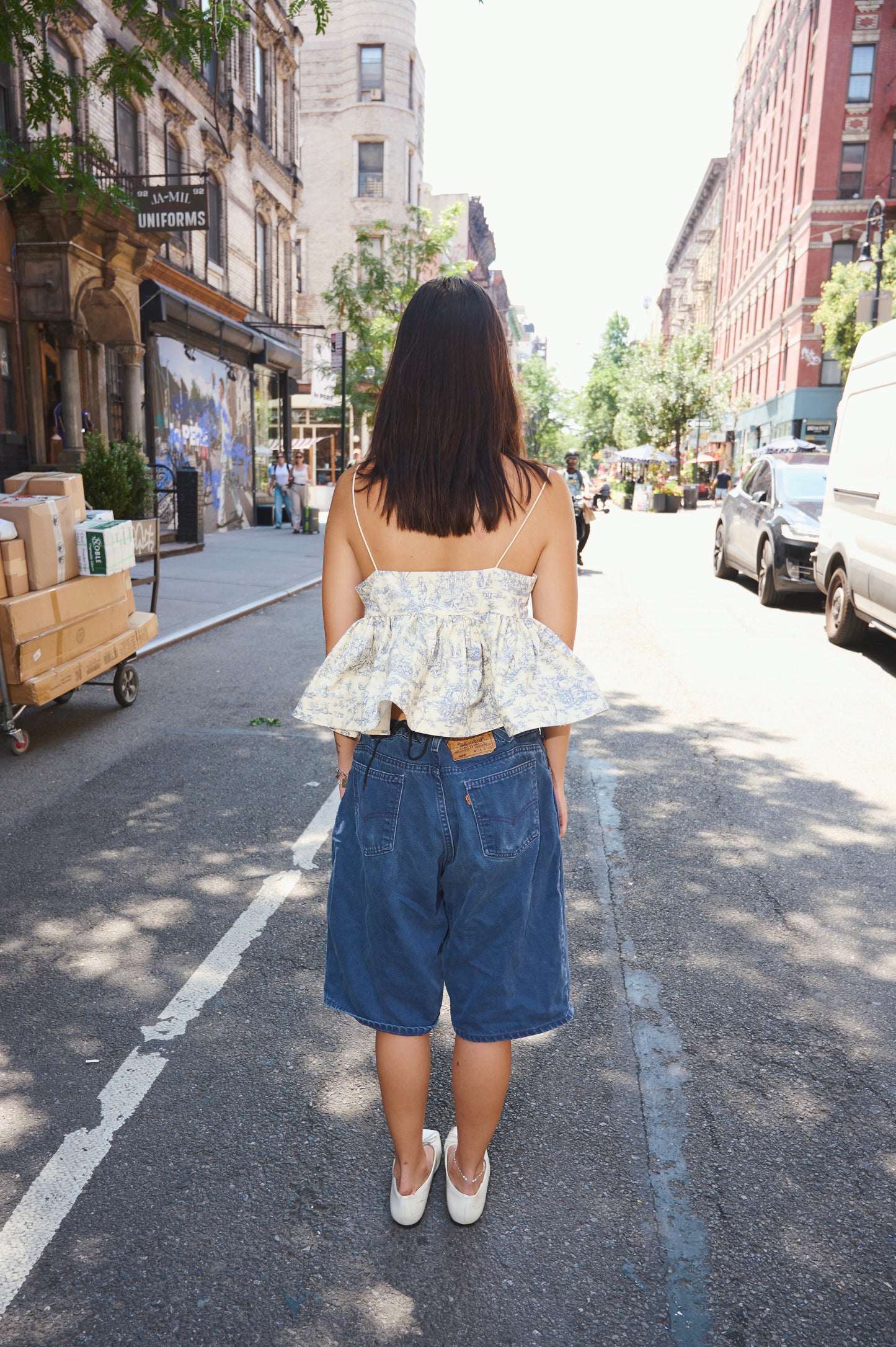 Blue Toile Puff Top