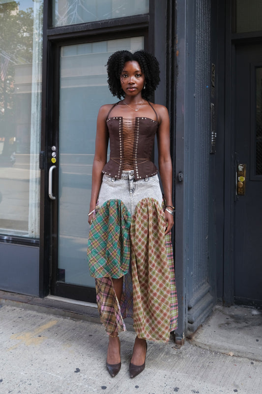Plaid Patchwork Chiffon Maxi Skirt