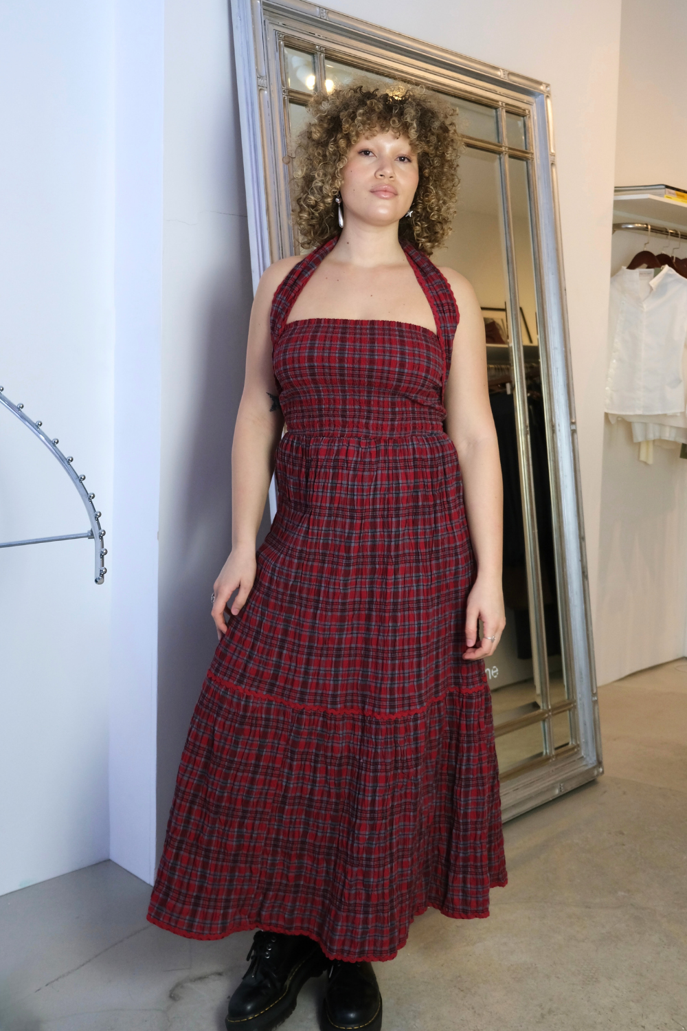 Pia Red Check Midi Dress