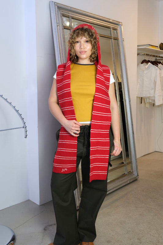 Hooded Scarf in Red & White Stripe