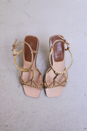 Prada Gold Studded Leather T-Strap Sandal Heels