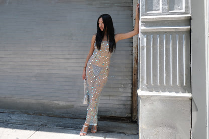 Fishnet Maxi Dress Blue Unlined