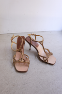 Prada Gold Studded Leather T-Strap Sandal Heels