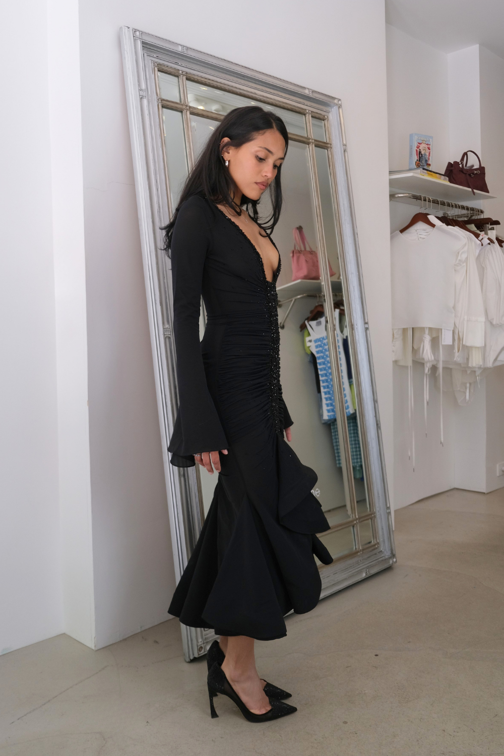 Fanci Club Celeste Beaded Mesh Dress in Black