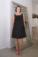 Vintage Jet Black Beaded Satin Pocket Dress