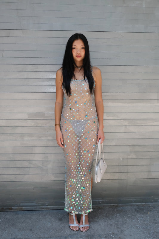 Fishnet Maxi Dress Blue Unlined