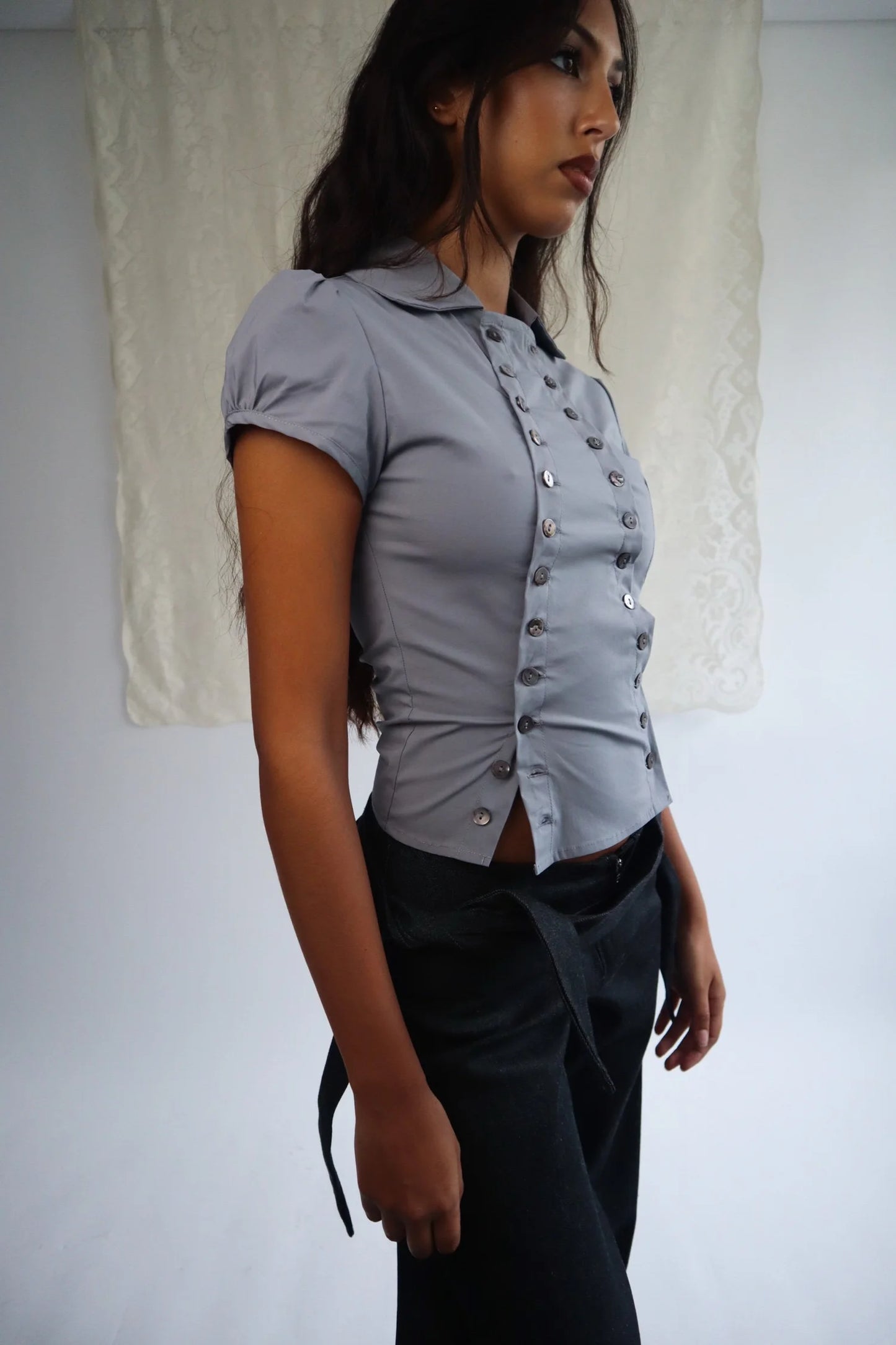 Puff Sleeve Cotton Poet Shirt in Grey