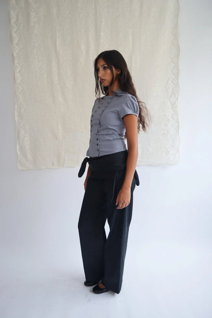 Puff Sleeve Cotton Poet Shirt in Grey