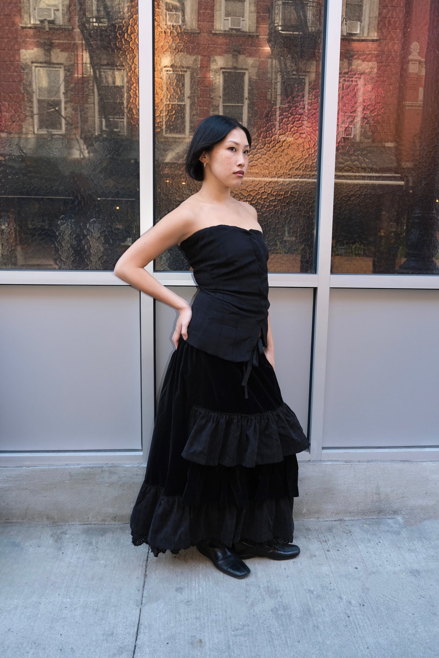 Velvet Rolled Waist Tiered Skirt