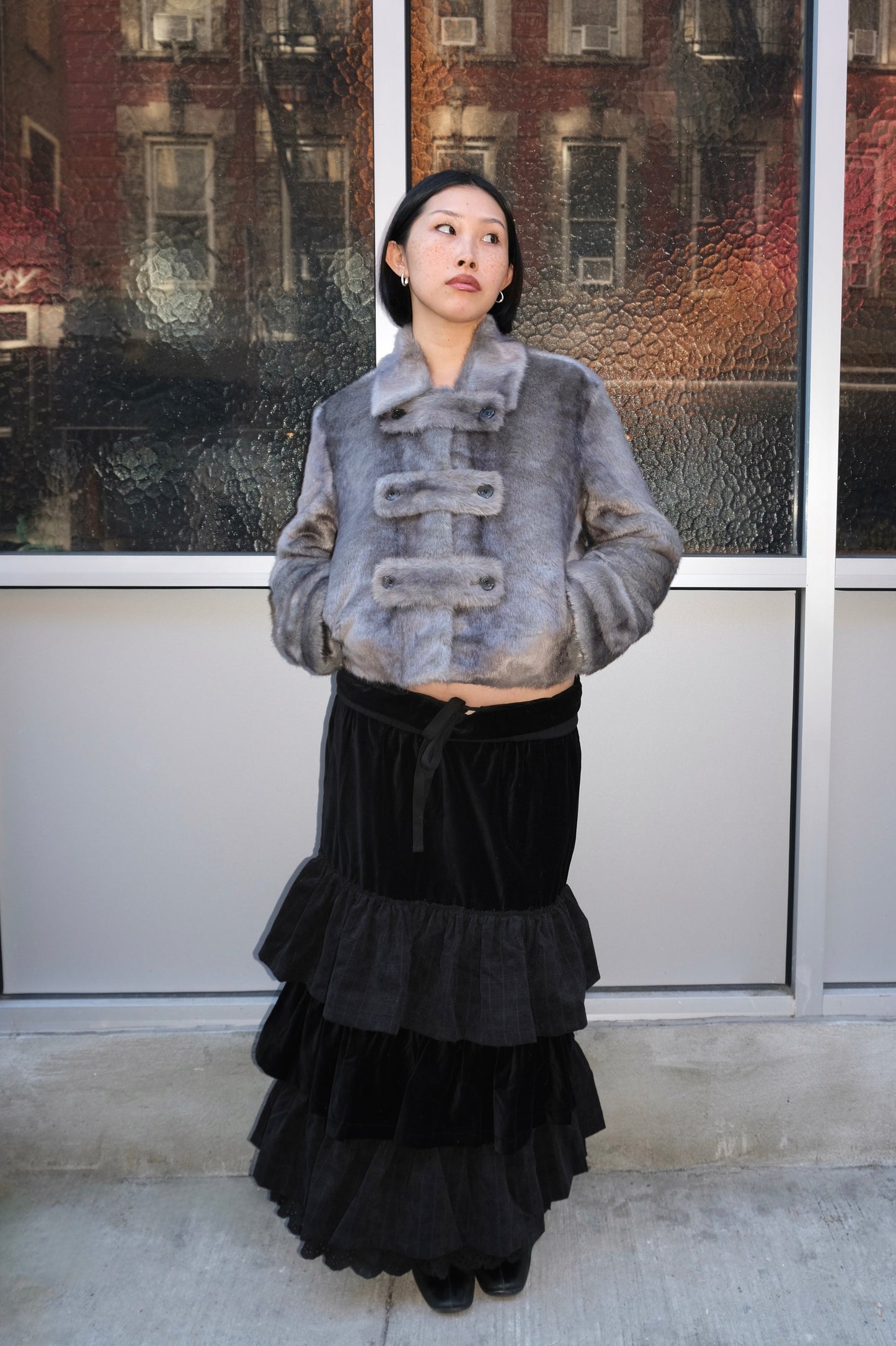 Faux Fur Tab Toggle Jacket in Gray