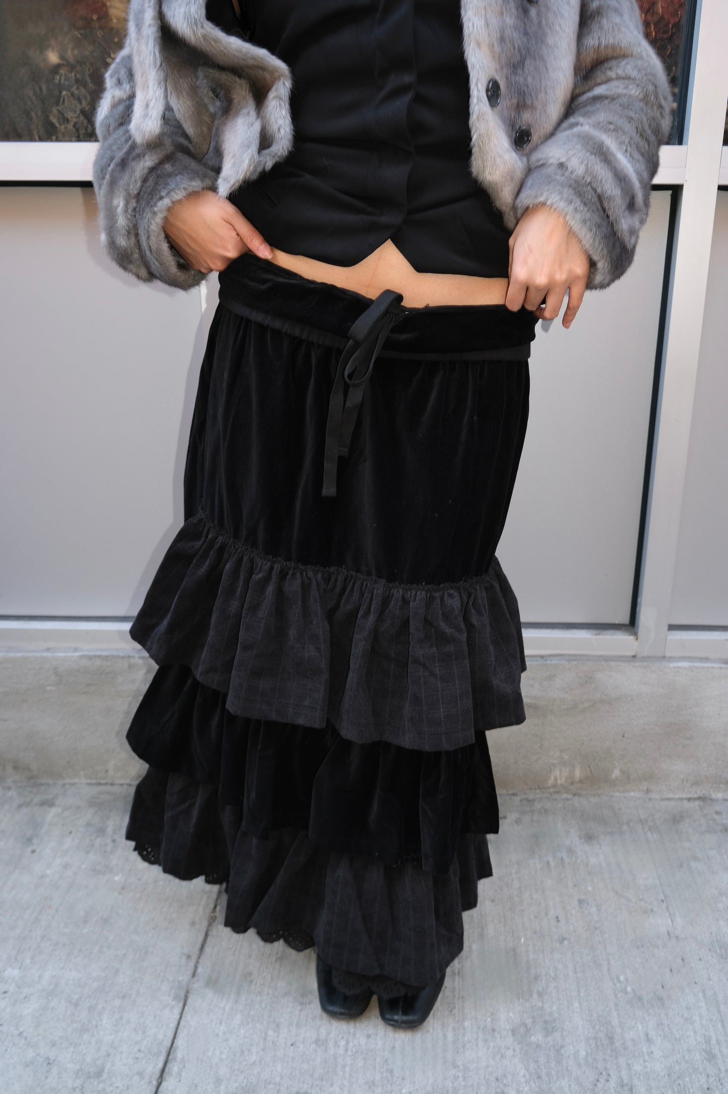 Velvet Rolled Waist Tiered Skirt