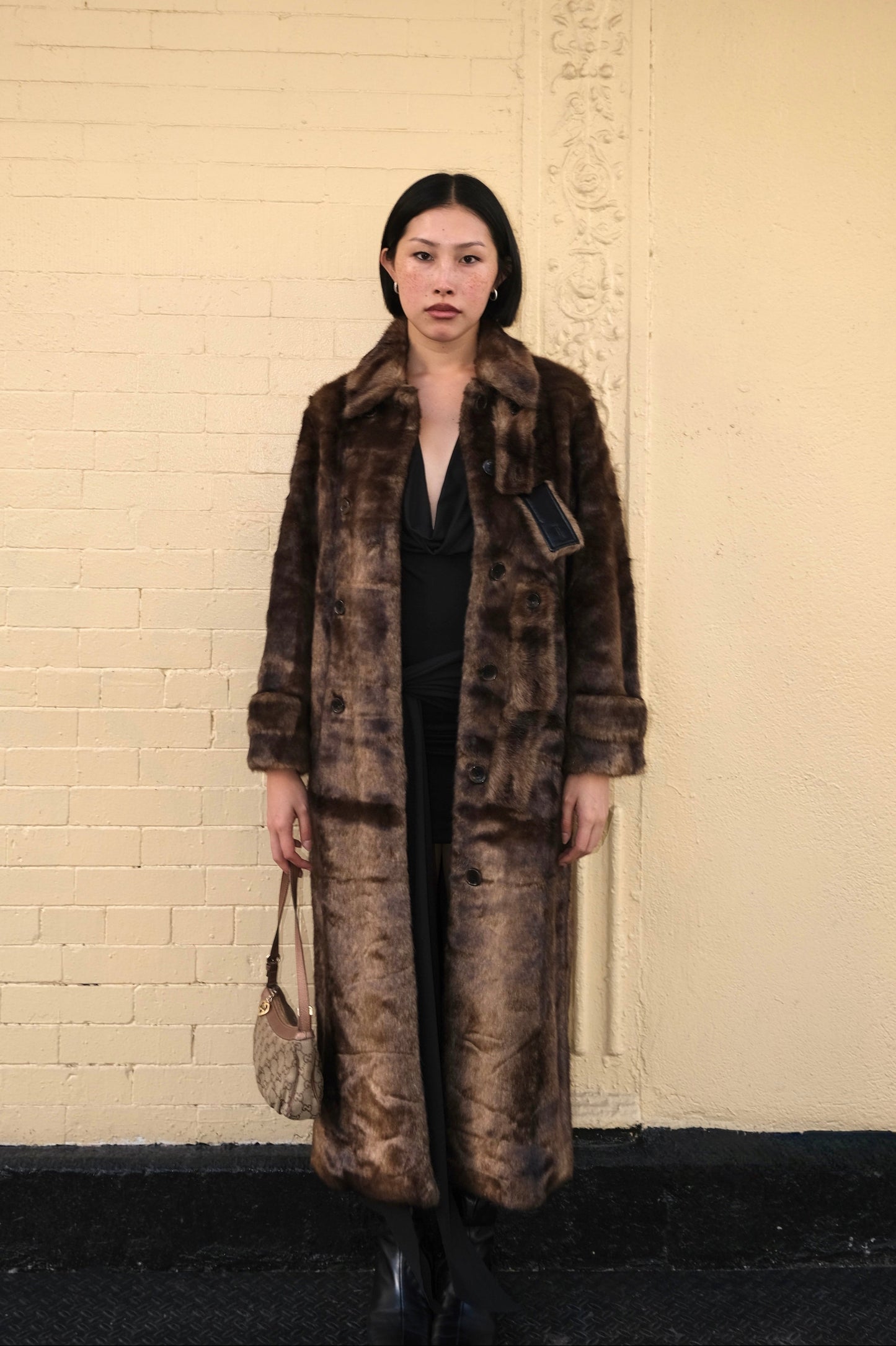 Faux Fur Tab Toggle Coat in Brown