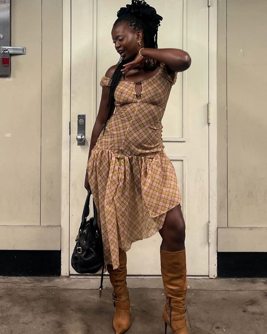 Plaid Puff Dress in Fenlü seen on you