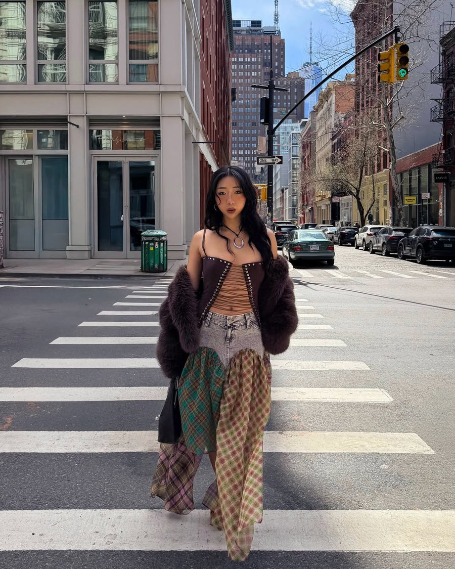 Plaid Patchwork Chiffon Maxi Skirt seen on you