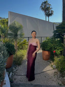 Customer wearing the Swan Slip Maxi Dress by Stolen Stores, a silk satin maxi dress with a contrast ruched bust, delicate straps, and a fluid column silhouette, styled for an evening event, birthday dinner, or romantic summer occasion.