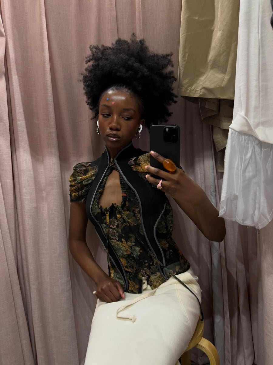 Open Heart Top in Brocade seen on you